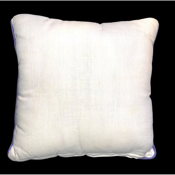 Handmade Floral Cross-Stitch Throw Pillow 14" Square Purple Piping   Linen - Picture 4 of 6